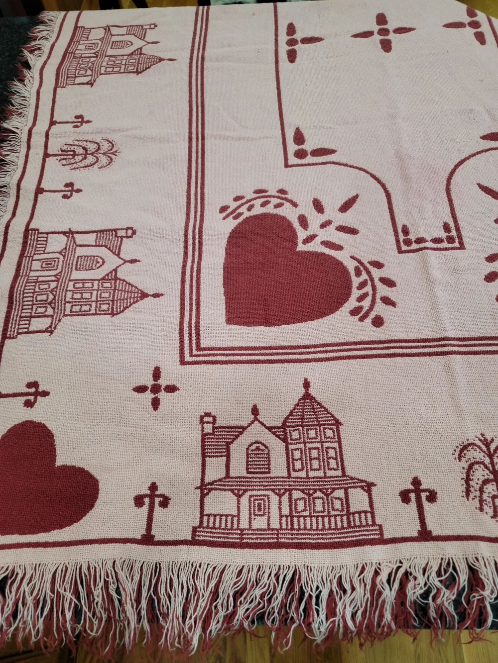 Vintage crimson & cream woven cotton throw blanket cottagecore Houses And Hearts